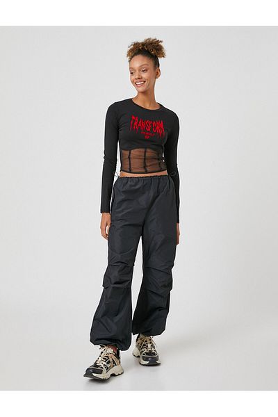 Koton Tricou cu mânecă lungă Crop Tulle Corset Detaliat Imprimat