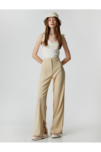 Koton Spanish Leg Trousers High Waist Corded Leg Slit
