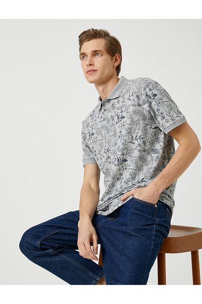 Koton Polo-Hals-T-Shirt mit Blumenmuster, schmale Passform, kurze Ärmel, geknöpft