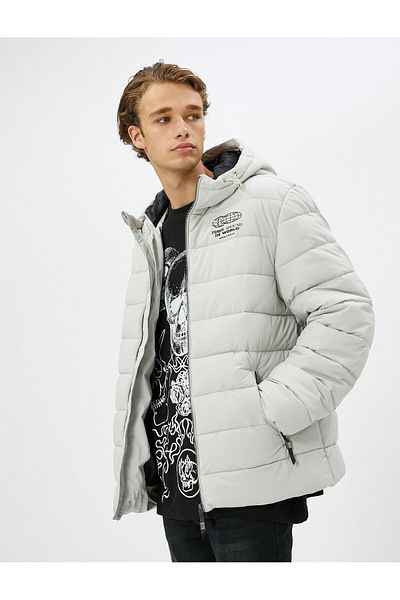 Koton Puffer Jacket Hooded Zippered Slogan Printed Pocket Detail