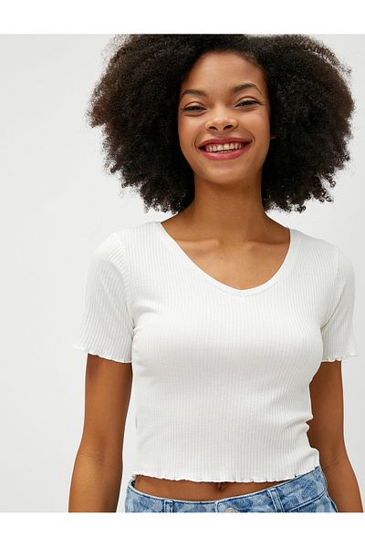Koton Crop T-Shirt V-Neck Short Sleeve Ribbed