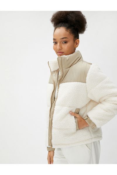 Koton Plush Coat Stand-up Collar Pocket Detailed Zippered