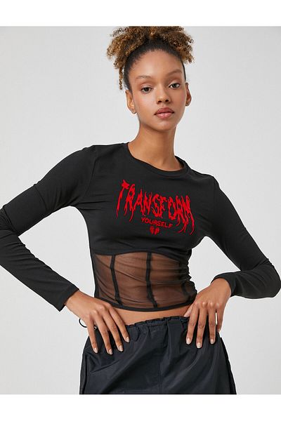 Koton Tricou cu mânecă lungă Crop Tulle Corset Detaliat Imprimat