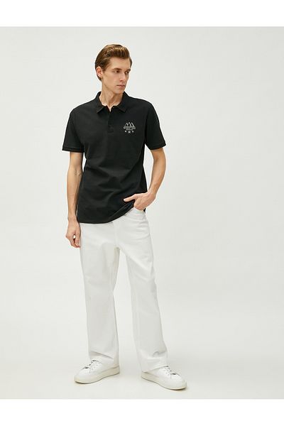 Koton Vyšívané tričko s krátkým rukávem Polo Neck Slim Fit na šířku