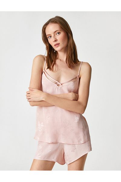 Koton Satin-Pyjama-Oberteil mit Trägern, Paspelierung aus Viskose-Jacquard