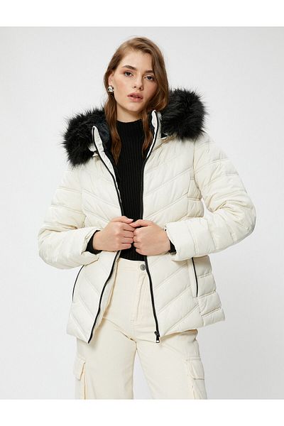 Koton Short Puffer Jacket Belted Hooded Plush Detailed