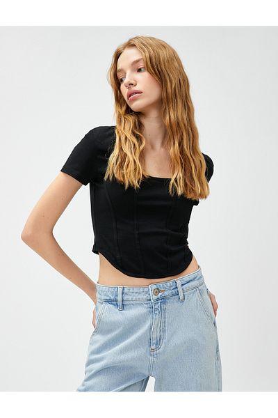 Koton Crop T-Shirt Cotton Round Neck Ribbed Short Sleeve