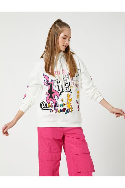 Koton Graffiti Print Raster Hooded Sweatshirt - Long Sleeve and Ribbed