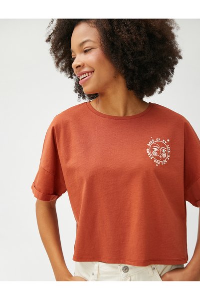 Koton Crop T-Shirt Printed Short Sleeve Crew Neck Cotton