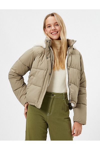 Koton Puffer Jacket, Hooded, Plush Lined, Pocket, Zipper