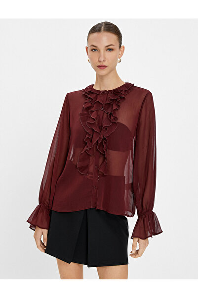 Koton Chiffon Shirt Transparent Ruffle Buttoned Crew Neck