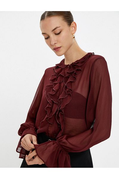 Koton Chiffon Shirt Transparent Ruffle Buttoned Crew Neck