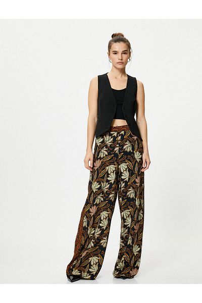 Koton Wide Leg Trousers Ethnic Patterned High Waist Pockets