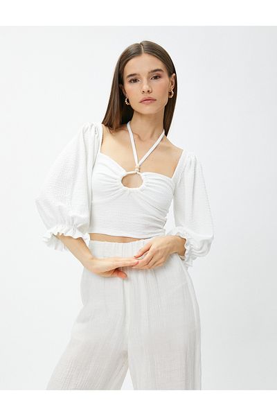 Koton Kurze Bluse mit elastischem Ballonärmelkragen und Details