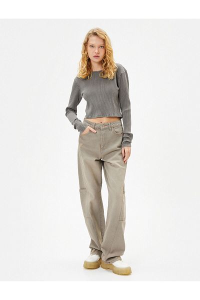 Koton Basic Crop T-Shirt Faded Effect Long Sleeve Crew Neck Camisole Cotton Slim Fit