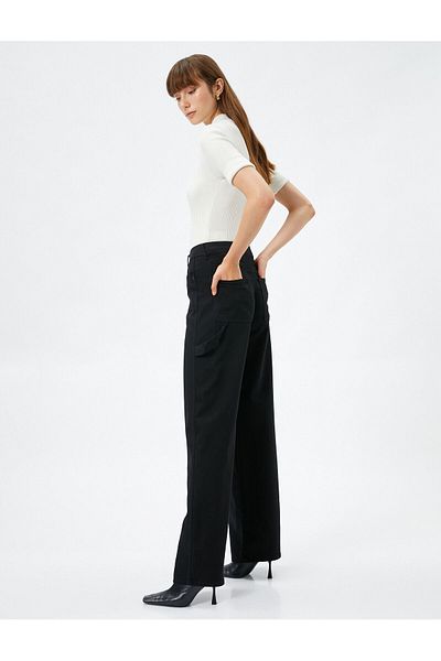 Koton Wide Leg Denim Trousers Gabardine Fabric Pocket Detailed Cotton