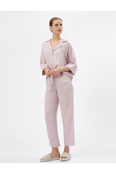 Koton Satin Pajama Bottoms with Lace Waist and Pocket Detail