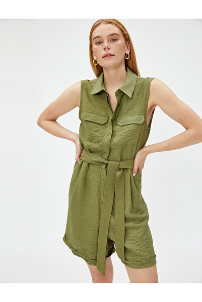 Koton Sleeveless Jumpsuit with Shorts Pocket Detailed Shirt Collar