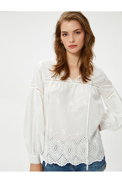 Koton Embroidery Blouse Balloon Sleeves with Window Detail