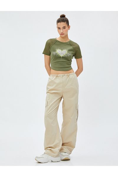 Koton Crop T-Shirt Printed Mesh Detailed Crew Neck Cotton