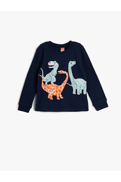 Koton Cotton Long Sleeve Dinosaur T-Shirt - Crew Neck