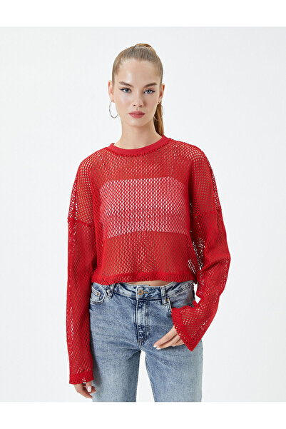 Koton Fishnet Crop T-Shirt Long Sleeve Crew Neck Cotton