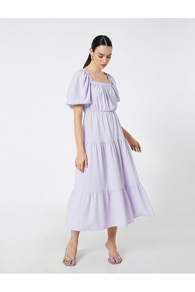 Koton Midi Balloon Sleeve Dress Tiered Square Neck