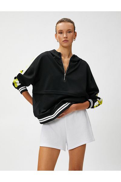 Koton Hooded Sweatshirt Half Zipper Garnished