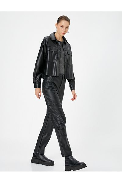 Koton Leather Look Cargo Pants Normal Waist No Pocket