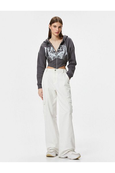Koton Hooded Zippered Crop Sweatshirt - Tight Corset Look Printed