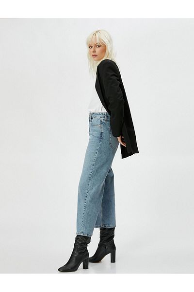 Koton Blugi Extra Lati Scurt Straight Jeans Talie Inalta - Bianca Jean