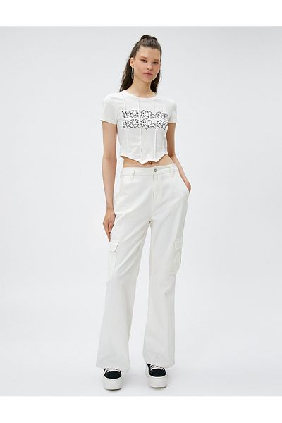 Koton Tricou Crop Slogan Imprimat Corset Detaliat Decolteu Crew