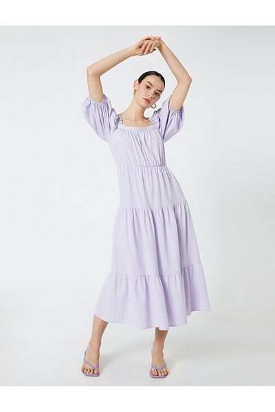 Koton Midi Balloon Sleeve Dress Tiered Square Neck