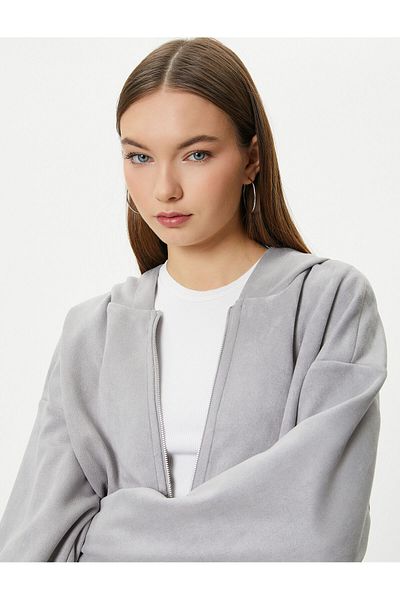 Koton Kapuzenshirt Oversize Reißverschlusstasche Detaillierte Wildlederoptik