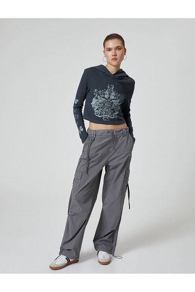 Koton Crop Hooded Sweatshirt Printed Long Sleeve Pale Effect Cotton