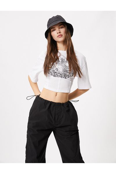 Koton Crop Corset T-Shirt Short Sleeve Crew Neck Cotton Printed