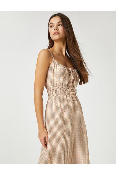 Koton Langes Kleid – Gingham, dünne Träger, taillierte Taille, Schleifendetail