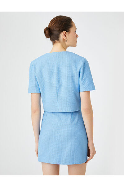 Koton Σακάκι Crop Tweed με κοντό μανίκι με διπλό στήθος με κουμπιά V λαιμόκοψη