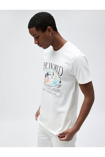 Koton Slogan Printed T-Shirt with Floral Detail Slim Fit Crew Neck Cotton