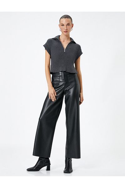 Koton Ribbed Knitted Sweater with Stand Collar and Half Zipper