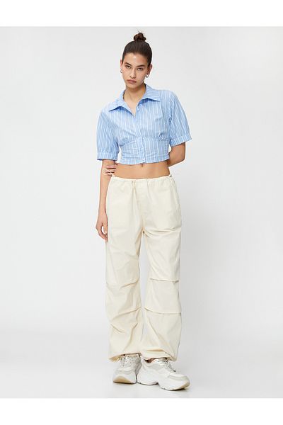 Koton Crop-Shirt, Ballonärmel, Korsett, Taille, geknöpft, Baumwolle