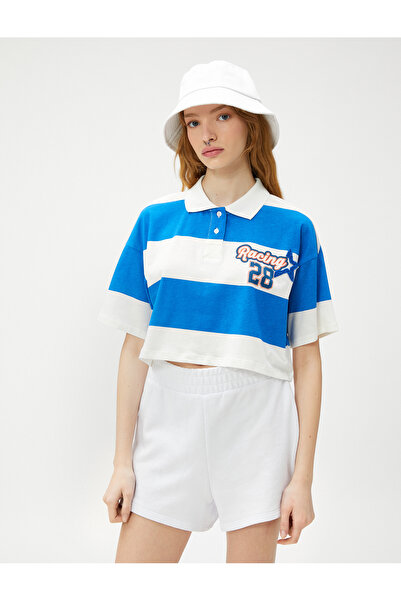 Koton Crop Rugby Tričko Polo Neck College Potištěné Krátký rukáv Bavlna