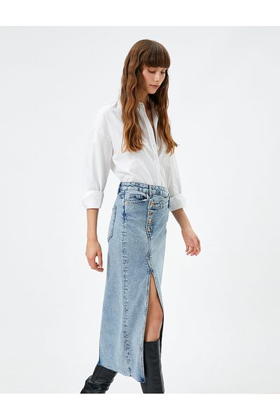 Koton Midi-Jeansrock, Schlitztasche, detaillierte Baumwolle, geknöpft