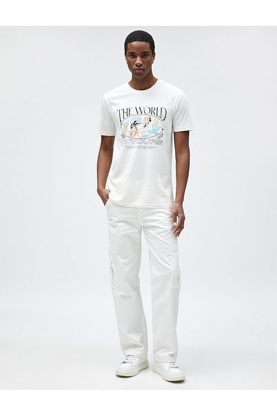 Koton Slogan Printed T-Shirt with Floral Detail Slim Fit Crew Neck Cotton