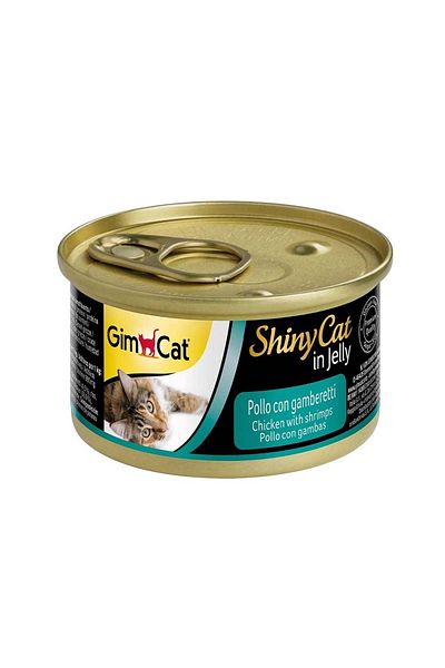 Gimcat طعام القطط الرطب من شايني كات بنكهة الدجاج والروبيان في الجيلي - 70 غرام - عبوة من 18 قطعة