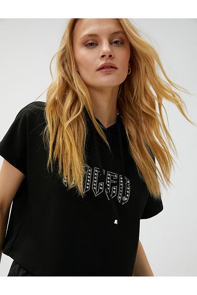 Koton Crop T-Shirt με κουκούλα εμπριμέ