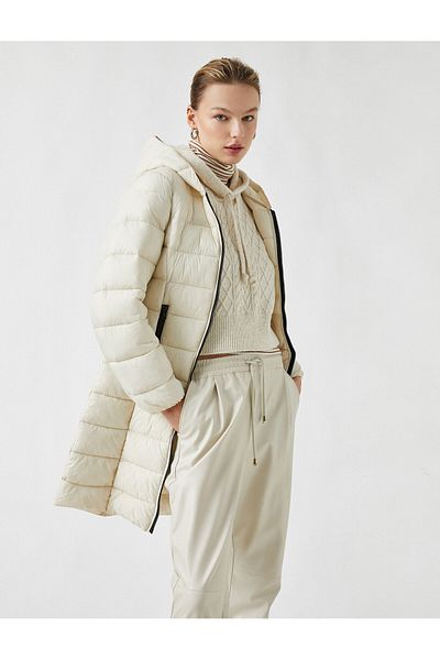 Koton Quilted Long Puffer Jacket with Hooded Pocket Detail