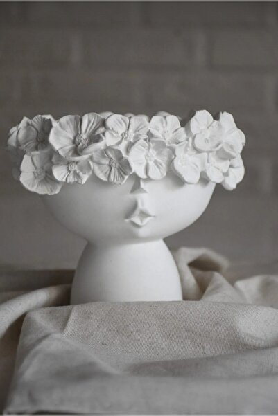 Avcı Çiçekli Kiz Dekoratif Beton Saksi Sunumluk Ham Obje Hediyelik Obje