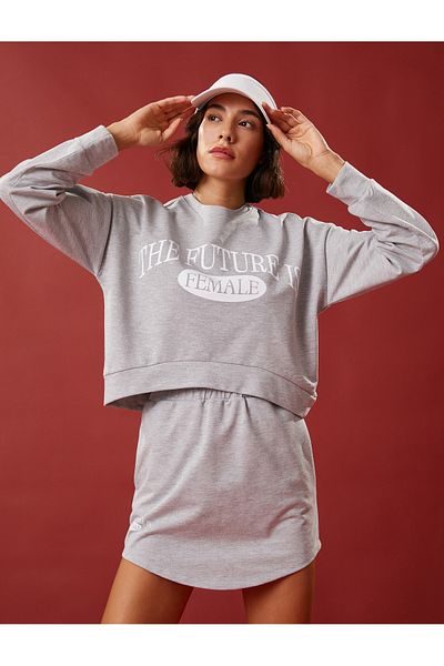 Koton Crop Sweatshirt Printed Long Sleeve Crew Neck Cotton