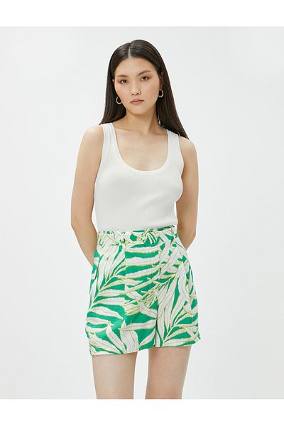 Koton Tropical Patterned Shorts with Belt and Pockets